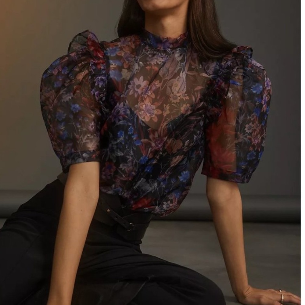 Anthropologie Sheer Floral Puff-Sleeve Blouse - Black with Blue & Purple Floral